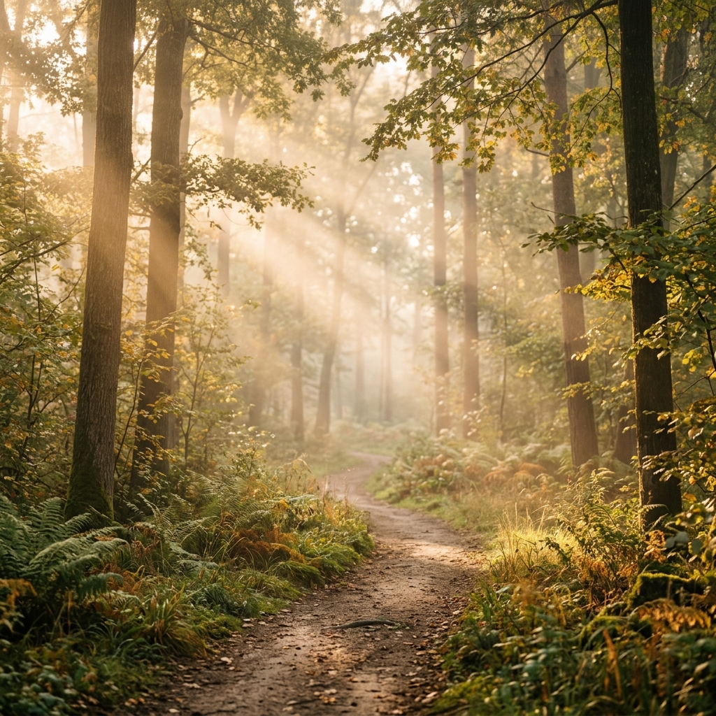 Serene forest path with golden sunlight