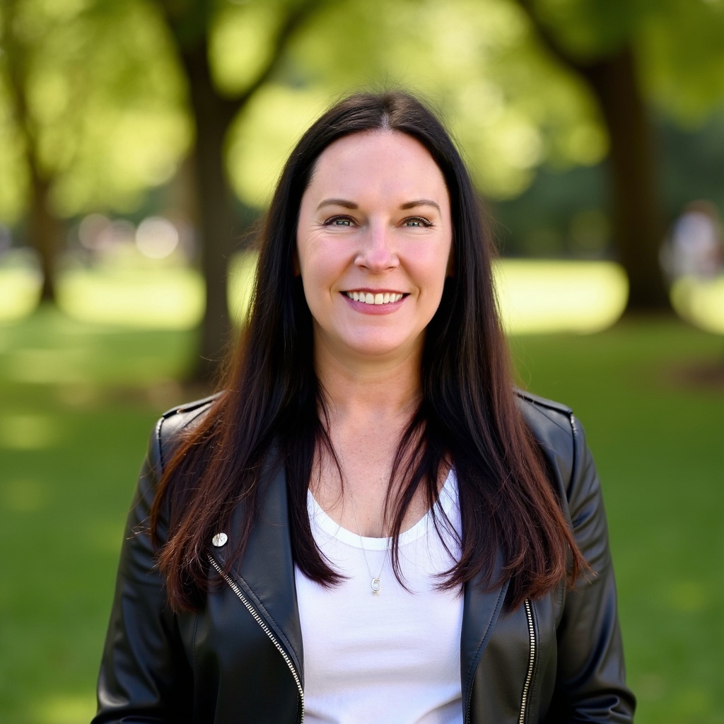 Laurie McGuire, LCSW - wearing her signature leather rocker jacket