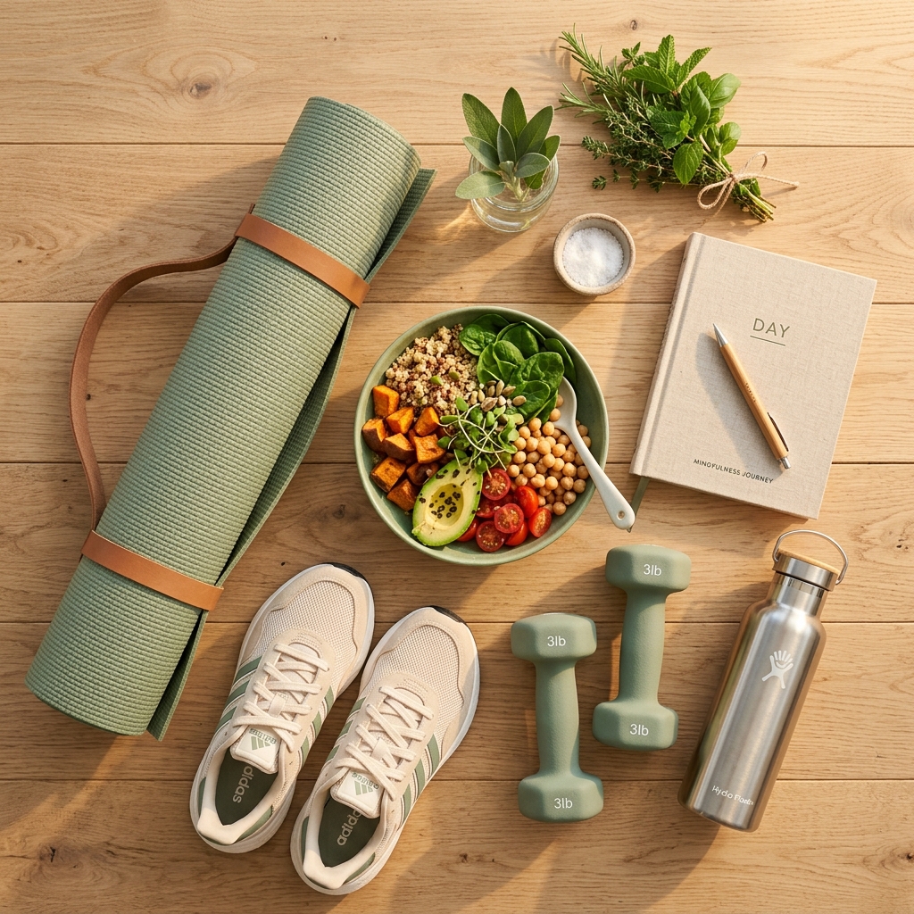 Wellness items including yoga mat, healthy food, and journal