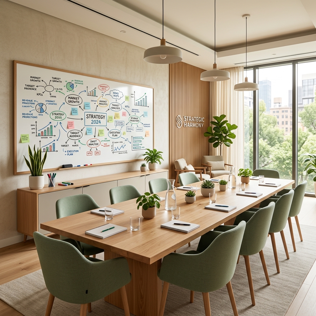 Modern conference room with strategic planning whiteboard